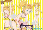  1girl ;q aikatsu!_(series) aikatsu_stars! aqua_eyes armpits arms_up ass_visible_through_thighs bangs bicycle bikini blonde_hair braid breasts closed_eyes closed_mouth commentary_request groin ground_vehicle hair_bobbles hair_ornament highres holding katou_akatsuki looking_at_another medium_hair navel nikaidou_yuzu one_eye_closed open_mouth riding_bicycle side_braid small_breasts smile solo standing starry_background stretch striped striped_background swimsuit tongue tongue_out trophy twintails vertical_stripes yellow_background yellow_bikini 