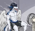  anthro black_hair bodily_fluids bottomwear clei clothed clothing dragon feathered_dragon feathers hair hi_res male nameless00 shorts sitting solo steam sweat tongue tongue_out topless white_body white_feathers windragon wings 