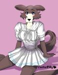  absurd_res anthro beastars blue_eyes blush brown_body brown_fur canid canine canis clothing cuchufflay dress ears_down eyelashes female fluffy fluffy_tail fur hi_res juno_(beastars) mammal pivoted_ears simple_background sitting solo white_clothing white_dress wolf 