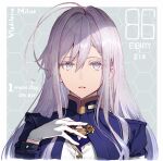  1girl 86_-eightysix- ahoge bangs blue_jacket character_name copyright_name english_text eyebrows_visible_through_hair gloves hand_on_own_chest jacket long_hair looking_at_viewer shirabi sidelocks silver_eyes silver_hair solo upper_body vladilena_millize white_gloves 