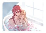  1boy 1girl bangs bare_shoulders blush breasts cleavage closed_eyes closed_mouth diluc_(genshin_impact) genshin_impact jean_gunnhildr_(genshin_impact) large_breasts long_hair nude partially_submerged petals red_eyes red_hair rome_romedo sidelocks sitting smile water window 