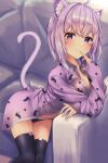  1girl :3 absurdres ahoge animal_ear_fluff animal_ears animal_print bangs black_legwear black_panties blush breasts cat_ears cat_girl cat_print cat_tail cleavage closed_mouth couch elbow_rest fang finger_to_mouth hair_between_eyes highres hololive inaba_teitoku large_breasts leaning_forward looking_at_viewer nail_polish nekomata_okayu no_pants on_couch open_clothes open_pajamas pajamas panties purple_eyes purple_hair purple_pajamas short_hair sitting skin_fang solo tail thighhighs underwear virtual_youtuber 