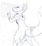  2021 anthro blue_and_white clothing dress ear_piercing ear_ring female kobold looking_at_viewer looking_back looking_back_at_viewer monochrome piercing portrait prison ragged_clothing rear_view scalie shoutingisfun sketch smile solo spots three-quarter_portrait 