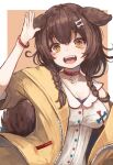  1girl :3 :d animal_collar animal_ears arm_up bangs blush bone_hair_ornament border bracelet braid breasts bright_pupils brown_eyes brown_hair buttons cleavage collar collarbone collared_dress commentary_request dog_ears dog_girl dog_tail dress eyelashes fangs flipped_hair hair_between_eyes hair_ornament hair_over_shoulder hairclip highres hololive inugami_korone jacket jewelry large_breasts long_hair looking_at_viewer low_twin_braids low_twintails medium_breasts nyucha off_shoulder open_clothes open_jacket open_mouth orange_background outside_border paw_print pocket red_collar ringed_eyes short_sleeves smile solo symbol_commentary tail tied_hair twin_braids twintails upper_body virtual_youtuber white_border white_dress wristband yellow_jacket zipper 