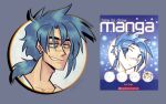  1boy artist_name bags_under_eyes bangs black_eyes blue-haired_boy_(how_to_draw_manga) blue_background blue_hair blue_theme blush chromatic_aberration collarbone commentary cover cover_page derivative_work dithering drop_shadow english_commentary face grin hair_intakes half-closed_eyes happy highres how_to_draw_manga katy_coope light_blush long_hair looking_at_viewer male_focus meatgiri nose_blush ponytail reference_work shirt sidelocks sideways_mouth signature simple_background smile solo teeth thick_eyebrows tied_hair twitter_username upper_body white_shirt 