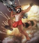  anthro armpit_hair barefoot belt big_bulge biped body_hair boxer_briefs bulge clothed clothing corrsk digital_media_(artwork) explosion feet fur guardians_of_the_galaxy gun handgun hi_res holding_object holding_weapon holster male mammal marvel paws pistol procyonid pubes raccoon ranged_weapon rocket_launcher rocket_raccoon scarf solo underwear weapon 