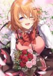  1girl ;d bangs blush bouquet breasts brown_skirt collared_shirt eyebrows_visible_through_hair flower gochuumon_wa_usagi_desu_ka? hair_between_eyes hair_ornament hairclip hand_in_hair highres hoto_cocoa ks_(xephyrks) large_breasts long_sleeves looking_at_viewer medium_hair one_eye_closed open_mouth orange_hair outdoors pink_vest purple_eyes rabbit_house_uniform rose shirt skirt smile solo vest white_shirt 