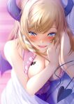  1girl bat_wings bed blonde_hair blue_eyes blurry blush breast_tattoo breasts cleavage commentary curtains demon_horns demon_tail depth_of_field eyebrows_visible_through_hair eyelashes fumihiko_(fu_mihi_ko) hair_ribbon half-closed_eyes heart heart-shaped_pupils highres hololive horns infirmary long_hair looking_at_viewer lying medium_breasts on_bed on_side open_mouth pink_shirt ribbon shadow shirt sleeveless sleeveless_shirt smile solo sweat symbol-shaped_pupils tail tattoo under_covers virtual_youtuber white_ribbon wings yuzuki_choco 