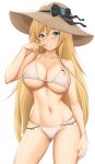  1girl absurdres arciealbano azur_lane bikini bismarck_(azur_lane) blonde_hair blue_eyes breasts cleavage cowboy_shot german_flag hat hat_ribbon highres large_breasts long_hair multi-strapped_bikini_bottom navel ribbon sun_hat swimsuit wet white_background 