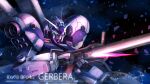  aqua_eyes character_name clenched_hand dated gun gundam gundam_0083 gundam_gp-04_gerbera holding holding_gun holding_weapon looking_down mecha mobile_suit no_humans science_fiction serike_w signature solo space v-fin weapon 