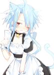  1girl absurdres ahoge alternate_costume animal_ears apron bell breasts buran_buta cat_ears cat_tail enmaided eyebrows_visible_through_hair gloves hair_between_eyes highres light_blue_hair maid maid_apron neck_bell neptune_(series) one_eye_closed power_symbol red_eyes short_hair_with_long_locks sidelocks simple_background small_breasts solo symbol-shaped_pupils tail white_background white_heart 