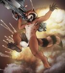  abs anthro armpit_hair athletic athletic_male balls barefoot big_balls big_penis biped body_hair corrsk digital_media_(artwork) explosion feet fur genitals guardians_of_the_galaxy hi_res holding_object holding_weapon humanoid_genitalia humanoid_penis male mammal marvel nude paws penis procyonid pubes raccoon ranged_weapon rocket_launcher rocket_raccoon solo weapon 