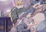  2021 anal anthro balls canid canine clothing detailed_background eyewear genitals glasses group group_sex grup headphones headphones_around_neck hi_res inside kemono kentachen27 male male/male mammal oral overweight overweight_male penis sex shirt sitting threesome topwear young 