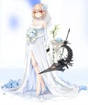 1girl absurdres azur_lane blonde_hair bouquet bridal_gauntlets bridal_veil dress eyebrows_visible_through_hair flower full_body high_heels highres holding holding_bouquet looking_at_viewer mechanical_tail multicolored_hair qing_wu red_hair reflective_floor roon_(azur_lane) shoes smile solo standing streaked_hair tail tile_floor tiles two-tone_hair veil wedding_dress white_dress white_flower white_footwear yellow_eyes 