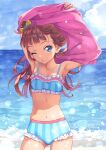  1girl aikatsu!_(series) aikatsu_stars! bangs beach bikini blue_bikini blue_eyes blue_sky breasts brown_hair cloud cloudy_sky commentary day frilled_bikini frills highres horizon katou_akatsuki lifted_by_self long_hair looking_at_viewer navel ocean one_eye_closed outdoors parted_lips saotome_ako shirt_lift sky small_breasts striped swimsuit undressing vertical-striped_bikini vertical_stripes 