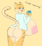  anthro big_breasts blush breasts butt clothed clothing coffee_mug domestic_cat felid feline felis female hi_res huge_breasts hyper hyper_breasts looking_at_viewer mammal open_clothing open_shirt open_topwear partially_clothed rear_view shirt solo topwear wafflecat 