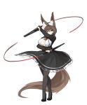  1girl animal_ear_fluff animal_ears arceonn breasts bridal_gauntlets brown_hair cleavage commentary dress fox_ears fox_girl fox_tail high_heels highres long_sleeves original pantyhose puffy_long_sleeves puffy_sleeves purple_eyes see-through short_hair solo tail 