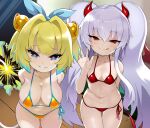  +_+ 2girls absurdres bangs bare_shoulders bikini blonde_hair blue_eyes blue_hair blue_ribbon blush bombergirl breasts cleavage collarbone demon_girl demon_horns demon_tail demon_wings grenade_hair_ornament grim_aloe grin hair_ribbon highres horns large_breasts leaning_forward long_hair looking_at_viewer multicolored_hair multiple_girls panties pine_(bombergirl) red_bikini red_eyes red_horns red_tail red_wings ribbon shimejinameko short_hair small_breasts smile swimsuit symbol-shaped_pupils tail twintails two-tone_hair underwear white_hair wings yellow_bikini yellow_pupils 