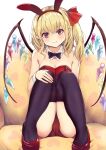  1girl animal_ears bangs bare_shoulders black_legwear blonde_hair breasts bunny_ears closed_mouth culter detached_collar fake_animal_ears fang fang_out flandre_scarlet hairband hand_on_own_knee head_tilt high_heels highres knees_up looking_at_viewer medium_hair pink_eyes playboy_bunny red_footwear red_hairband shoes sitting small_breasts smile solo thighhighs touhou white_background wings wrist_cuffs 