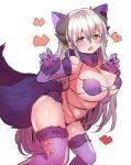  1girl animal_ears breasts cosplay dangerous_beast dragon_girl dragon_horns elbow_gloves fake_animal_ears fake_tail fate/grand_order fate_(series) fur-trimmed_gloves fur-trimmed_legwear fur_collar fur_trim gloves grey_hair halloween_costume horns kiyohime_(fate) large_breasts long_hair mamemix mash_kyrielight mash_kyrielight_(cosplay) multiple_horns o-ring o-ring_top purple_gloves purple_legwear red_eyes revealing_clothes solo tail wolf_ears wolf_tail 