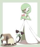  :o absurdres brown_flower commentary_request flower gardevoir gen_3_pokemon gen_7_pokemon highres holding holding_flower looking_down mimikyu open_mouth pokemon pokemon_(creature) red_eyes shabana_may standing tongue 