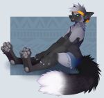  4_toes 5_fingers anthro black_body black_fur black_nose breasts canid canine chesta clothed clothing digital_media_(artwork) feet female fingers fox fur green_eyes grey_body grey_fur grey_pawpads mammal pawpads solo toes 