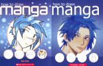  2boys bird blue-haired_boy_(how_to_draw_manga) blue_background blue_hair blue_theme blush closed_mouth commentary cover cover_page derivative_work english_commentary english_text forehead hair_intakes hair_tie how_to_draw_an_owl how_to_draw_manga katy_coope light_blush looking_to_the_side male_focus multiple_boys multiple_views nebu_(hjjjakc2311) nose_blush owl ponytail reference_work short_hair sidelocks tied_hair two-tone-haired_boy_(how_to_draw_manga) 