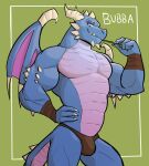  2021 activision anthro arm_wraps biceps big_muscles bubba_(spyro) bulge character_name claws clothing dragon green_background hand_on_hip hi_res horn jrjresq looking_at_viewer male muscular muscular_anthro muscular_male pecs pinup pose scalie simple_background smile solo spikes spikes_(anatomy) spyro_the_dragon standing thong underwear video_games wings wraps 