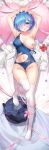  1girl :o arms_up ayamy bangs bare_arms blue_eyes blue_hair blush bound bow breasts cameltoe collarbone dakimakura_(medium) groin hair_ornament highres knee_up navel nipples pink_ribbon re:zero_kara_hajimeru_isekai_seikatsu rem_(re:zero) ribbon school_swimsuit shirt shirt_removed short_hair skirt skirt_removed solo swimsuit thighhighs torn_clothes torn_swimsuit white_legwear white_shirt x_hair_ornament 