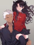  1boy 1girl archer_(fate) bangs black_hair black_legwear black_ribbon black_shirt black_skirt blue_eyes brown_eyes collarbone collared_shirt dark_skin dark_skinned_male fate/stay_night fate_(series) grey_background hair_ribbon highres holding_another leotard long_hair one_eye_closed parted_bangs pleated_skirt red_shirt ribbon shimatori_(sanyyyy) shirt silver_hair simple_background skirt smile thighhighs tohsaka_rin zettai_ryouiki 