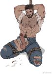  1boy abs arm_hair armpit_hair arms_behind_head bara bare_pecs beard blood bound bound_wrists character_request check_character check_copyright chest_hair copyright_request cuts dark_skin dark_skinned_male erection facial_hair hairy horikwawataru injury kneeling large_pectorals leg_hair looking_at_viewer male_focus male_pubic_hair mature_male muscular muscular_male navel navel_hair nipples original pants penis precum pubic_hair rope shirt_around_neck shirt_lift short_hair sideburns solo stomach thick_thighs thighs torn_clothes torn_pants uncensored undercut white_male_underwear 