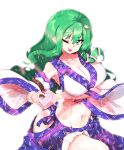  1girl absurdres arm_belt bare_shoulders blue_skirt breasts cleavage collarbone detached_sleeves eyebrows_visible_through_hair frog_hair_ornament green_eyes green_hair groin hair_ornament heart heart_hands highres hip_vent kochiya_sanae large_breasts looking_at_viewer midriff one_eye_closed shirt simple_background skirt snake_hair_ornament solo strap sunyup tagme tongue tongue_out touhou white_background white_shirt 