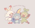  blue_eyes commentary_request copyright_name creature gen_8_pokemon grey_background grookey hand_up no_humans open_mouth orange_eyes pokemon pokemon_(creature) scorbunny shiroimoufu simple_background smile sobble standing starter_pokemon_trio teeth toes tongue watery_eyes |d 