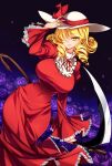  1girl absurdres bangs blonde_hair breasts cleavage covered_navel dress drill_locks dutch_angle elly_(touhou) feet_out_of_frame flower frilled_sleeves frills hair_over_one_eye hat hat_ribbon highres holding holding_scythe juliet_sleeves large_breasts long_sleeves looking_at_viewer medium_hair petals puffy_sleeves purple_background purple_flower purple_rose raptor7 red_dress ribbon rose scythe sheer_clothes smile solo standing sun_hat swept_bangs touhou white_headwear wide_sleeves yellow_eyes 