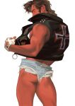  1boy ass bara brown_hair character_request check_character check_copyright colored_skin copyright_request denim denim_shorts feet_out_of_frame from_behind horikwawataru jacket long_sideburns male_focus medium_hair muscular muscular_male open_clothes open_jacket original pectorals red_skin shorts sideburns sleeveless sleeveless_jacket solo thighs toned toned_male torn_clothes torn_shorts 