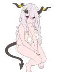  1girl bangs barefoot bikini black_nails breasts cleavage demon_girl demon_horns demon_tail enkyo_yuuichirou eyebrows_visible_through_hair flower highres horn_flower horns large_breasts long_hair looking_at_viewer original purple_eyes rose simple_background sitting solo swimsuit tail white_background white_bikini white_flower white_rose 