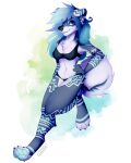  4:5 4_toes 5_fingers anthro black_nose blue_body blue_fur blue_hair breasts canid canine canis chesta clothed clothing digital_media_(artwork) domestic_dog feet female fingers fur hair husky mammal nordic_sled_dog purple_eyes smile solo spitz toes 