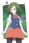 1girl bangs black_legwear blush bow bowtie brown_eyes closed_mouth commentary_request green_hair hair_ornament hairclip ixy lass_(pokemon) looking_to_the_side pantyhose parted_bangs pokemon pokemon_(game) pokemon_bdsp red_bow red_bowtie red_neckwear red_skirt short_hair short_sleeves skirt solo standing tears 