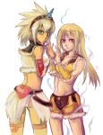  2girls aura bangs bio_lab black_hairband blush breasts brown_shirt brown_shorts cecil_damon cleavage closed_mouth commentary_request cowboy_shot crop_top crossover detached_sleeves fur-trimmed_shirt fur-trimmed_shorts fur_trim green_eyes hairband heart horns kirin_(armor) long_hair looking_at_viewer looking_back medium_hair midriff monster_hunter_(series) multiple_girls navel panties ragnarok_online red_eyes red_sleeves reload9_yohji shirt short_shorts shorts simple_background single_horn skirt sleeveless sleeveless_shirt small_breasts sniper_(ragnarok_online) strapless tubetop two-tone_shirt two-tone_shorts underwear white_background white_hair white_panties white_skirt yellow_shirt yellow_shorts 
