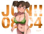  1girl alternate_breast_size bikini blush breasts brown_hair character_name cleavage collarbone cowboy_shot curvy earrings english_commentary fingernails green_bikini jewelry k-on! keigi large_breasts lips mole mole_on_arm mole_on_breast mole_on_leg mole_on_stomach muffin_top multiple_moles nail_polish navel navel_piercing older piercing red_eyes short_hair solo standing steaming_body strap_gap suzuki_jun sweat swimsuit tan thick_eyebrows two_side_up 