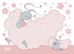  2021 altaria antenna_hair closed_eyes closed_mouth commentary_request fluffy gen_3_pokemon happy looking_back musical_note no_humans number open_mouth pokemon pokemon_(creature) shiroimoufu spoken_musical_note swablu toes tongue 