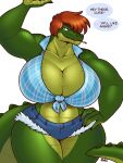  3:4 anthro big_breasts blazbaros blue_eyes breasts brown_hair cigarette cleavage clothed clothing crocodilian female green_body hair hand_on_hip hi_res huge_breasts non-mammal_breasts reptile scalie solo wide_hips 