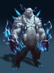  1boy 6suan abs animal_ears bara bare_pecs bear_boy bear_ears belly blue_sclera bulge colored_sclera full_body furry highres league_of_legends lightning_bolt long_hair male_focus muscular muscular_male navel nipples pectorals plump solo spikes standing stomach thighs volibear white_fur white_hair 