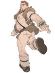  1boy abs ass_hair bara bare_pecs beard brown_hair character_request check_character check_copyright chest_hair copyright_request earrings facial_hair flaccid foreskin from_behind full_body hairy highres horikwawataru jewelry large_pectorals leg_hair looking_at_viewer male_focus mature_male muscular muscular_male navel_hair nipples no_pants original penis ponytail running scar scar_on_arm scar_on_chest scar_on_face scar_on_leg scar_on_nose short_hair solo stomach thick_thighs thighs uncensored 