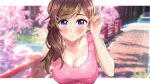  1girl anniv4x blue_eyes blurry blurry_background blush breasts bridge brown_hair cleavage collarbone hair_ornament hairclip hand_up highres kawamoto_akari large_breasts long_hair outdoors parted_lips pink_shirt sangatsu_no_lion shirt upper_body 