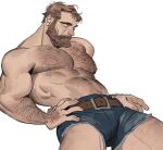  1boy abs arm_hair bara beard brown_hair bulge character_request check_character check_copyright chest_hair copyright_request denim denim_shorts facial_hair feet_out_of_frame hairy horikwawataru large_pectorals leather_belt leg_hair male_focus mature_male muscular muscular_male mustache navel navel_hair nipples original shirtless short_hair shorts solo stomach thick_thighs thighs 