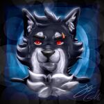  1:1 anthro black_body black_fur bust_portrait canid canine canis chest_tuft eye_scar facial_scar far_beyond_the_world_(series) fur hi_res male mammal multicolored_body multicolored_fur neck_tuft portrait red_eyes scar simple_background solo tinywolf tuft two_tone_body two_tone_fur video_games visual_novel vulgor_(far_beyond_the_world) wolf 