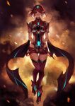  1girl bangs breasts chest_jewel fingerless_gloves floating full_body gem gloves headpiece looking_at_viewer medium_breasts phamoz pyra_(xenoblade) red_eyes red_gloves red_hair red_legwear red_shorts short_hair short_shorts shorts swept_bangs thighhighs tiara xenoblade_chronicles_(series) xenoblade_chronicles_2 