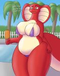  anthro big_breasts big_butt bikini breasts butt clothed clothing female food hi_res hood non-mammal_breasts outside overweight overweight_anthro popsicle reptile scalie skimpy snake snekkobean solo standing swimwear thick_thighs wick_(snekkobean) 