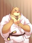  2021 anthro belly big_belly blush brown_body brown_fur clothed clothing fur humanoid_hands kemono male mammal noichi_53 overweight overweight_anthro overweight_male solo ursid 